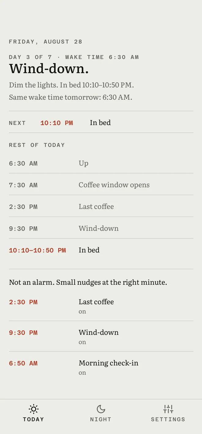 Today screen in the evening: wind-down, in bed window and tomorrow's wake time